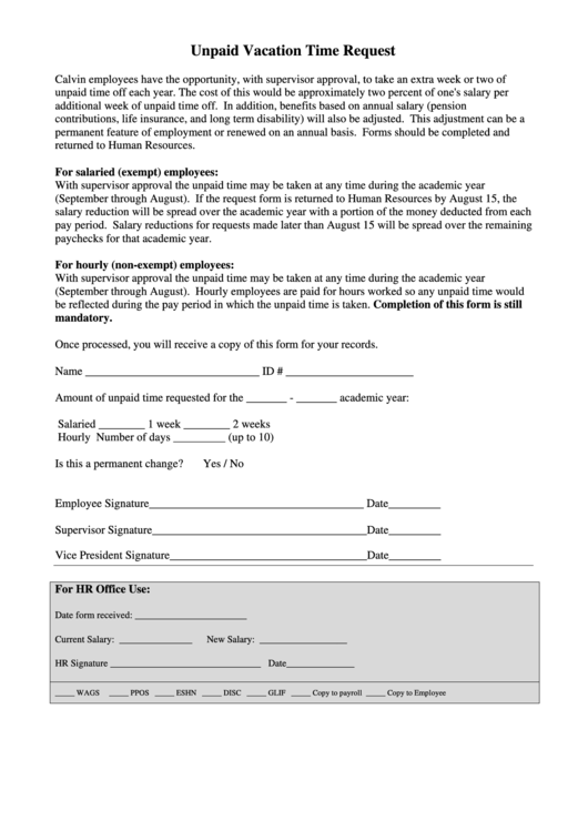 Unpaid Vacation Time Request Form Printable pdf