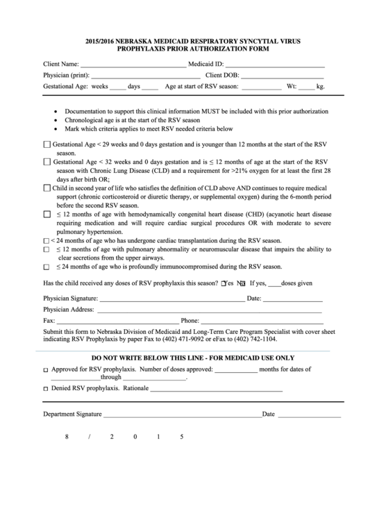 Nebraska Medicaid Respiratory Syncytial Virus Prophylaxis Prior Authorization Form Printable pdf