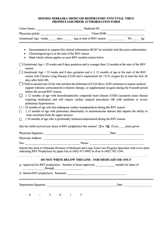 Nebraska Medicaid Respiratory Syncytial Virus Prophylaxis Prior 