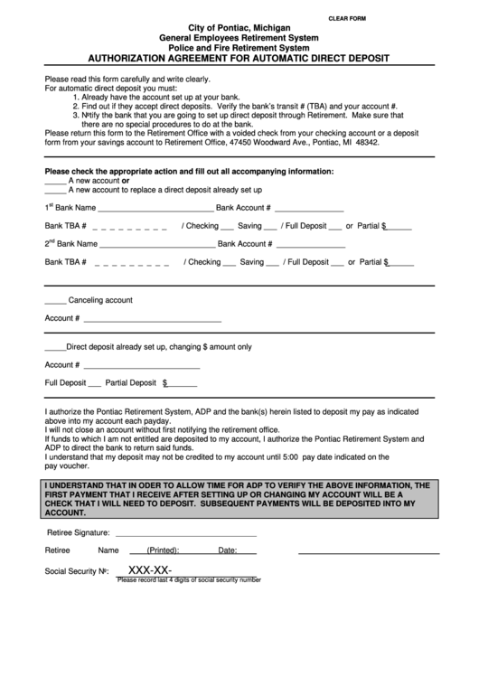 Fillable Authorization Agreement For Automatic Direct Deposit Form - City Of Pontiac, Michigan Printable pdf