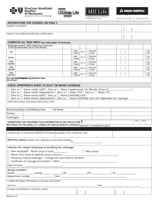 Form F8046r05 - Bcbs Enrollment Change Form Printable pdf