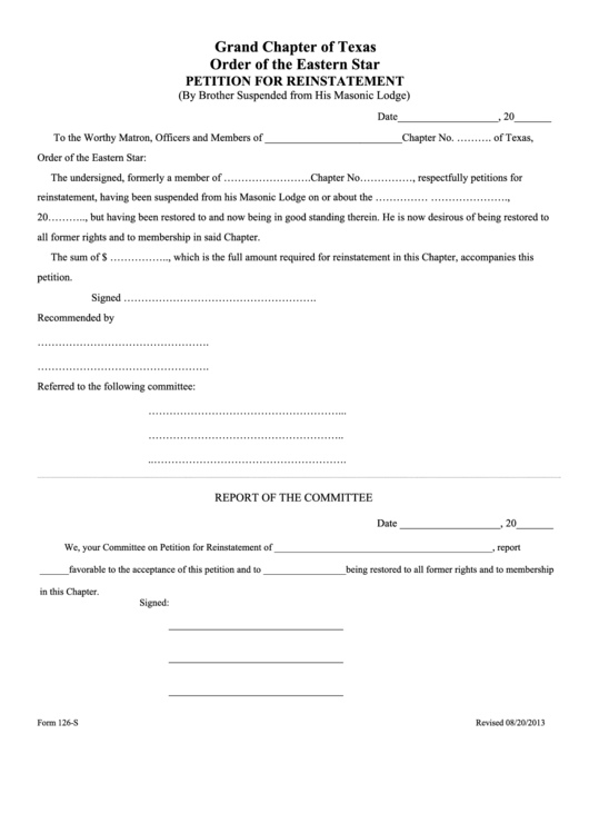 Fillable Form 126-S - Petition For Reinstatement Printable pdf