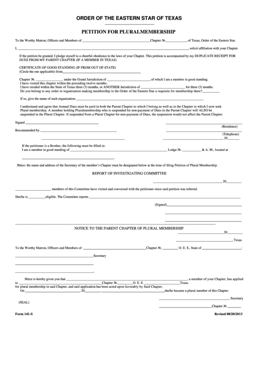 Fillable Form 141-S - Petition For Plural Membership Printable pdf