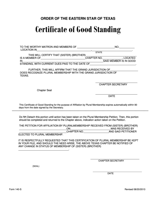 Fillable Form 140-S - Certificate Of Good Standing Printable pdf