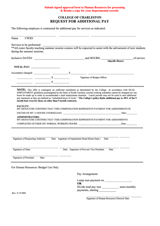 Fillable Request For Additional Pay Form - College Of Charleston Printable pdf