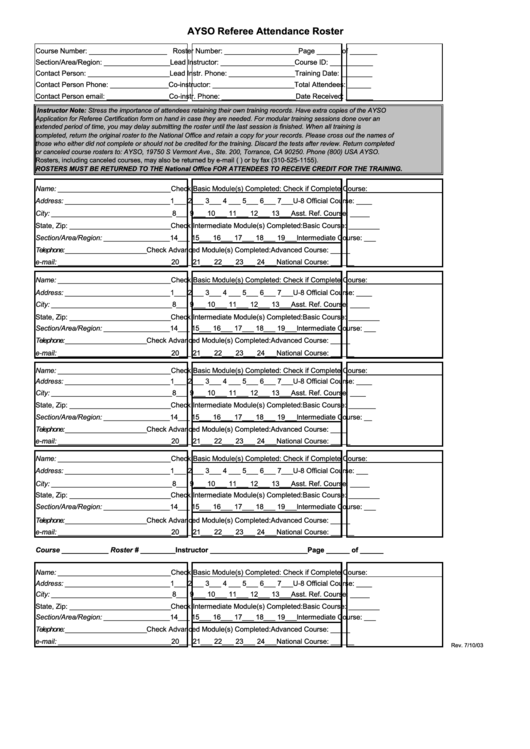 Ayso Referee Attendance Roster Form Printable pdf