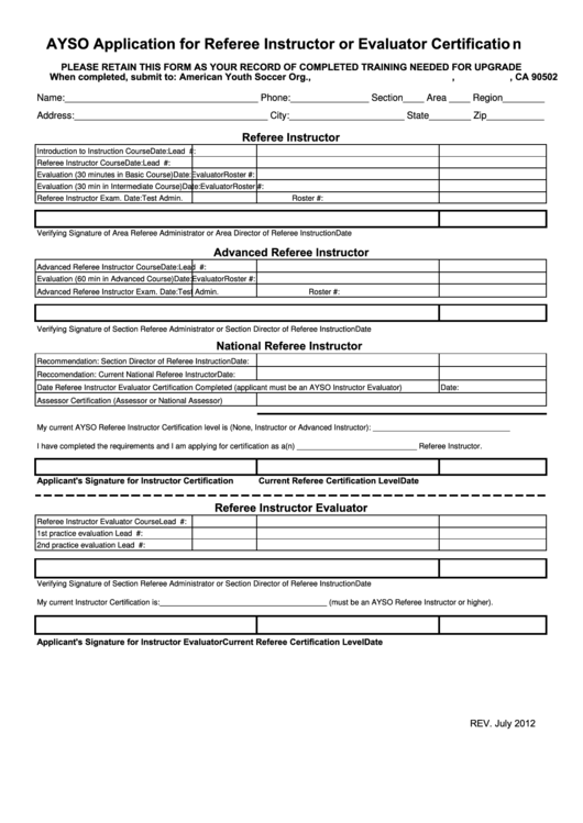 Ayso Application For Referee Instructor Or Evaluator Certification Form Printable pdf