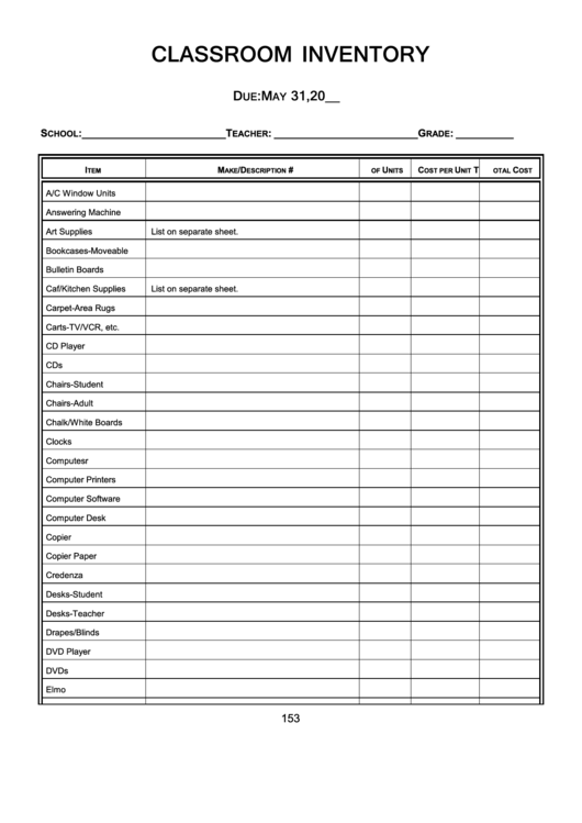 Classroom Inventory Form Printable pdf