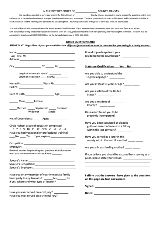 Juror Questionnaire Form Printable pdf