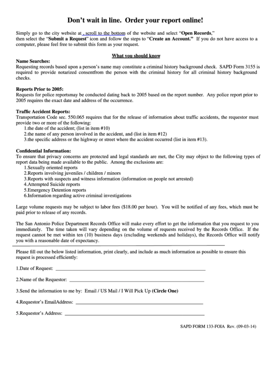 Sapd Form 133-Foia - Order Report Printable pdf