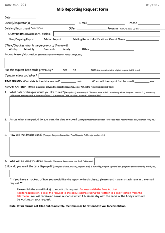 Fillable Form Dws-Wra 001 - Mis Reporting Request Form Printable pdf