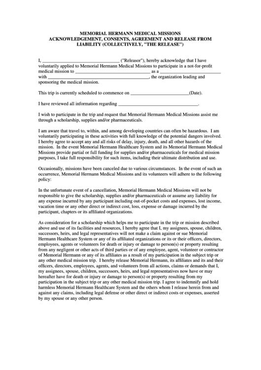 Acknowledgement, Consent, Agreement And Release From Liability Form Printable pdf