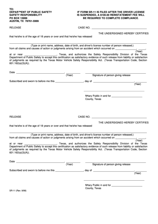 Form Sr-11 - Release Form Printable pdf