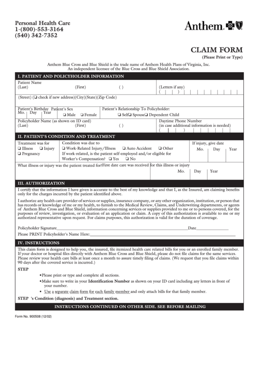 Form No. 900508 - Claim Form Printable pdf