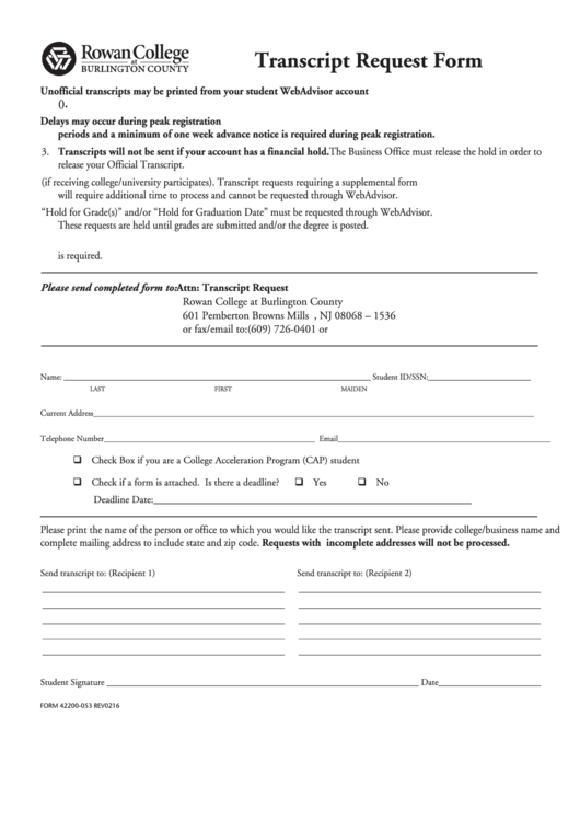 Fillable Form 42200-053 - Transcript Request Form - Rowan College Printable pdf