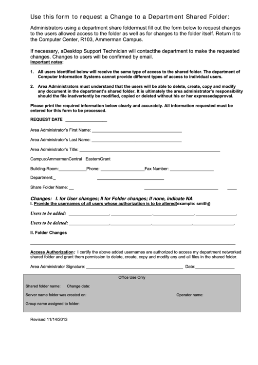 Request Form To Change A Department Share Folder Printable pdf