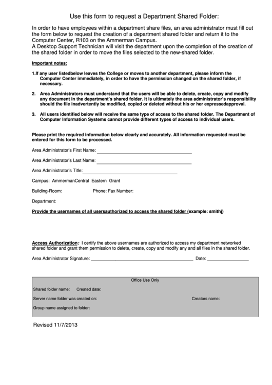 Fillable Department Share Folder Request Form Printable pdf