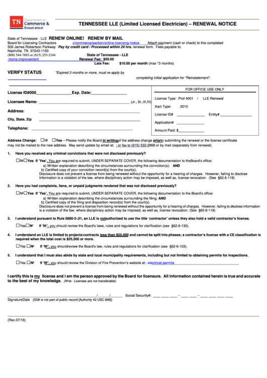 Tennessee Lle (limited Licensed Electrician) - Renewal Notice Form