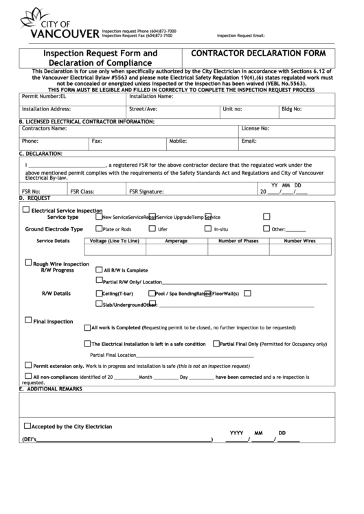 Fillable Inspection Request Form And Declaration Of Compliance Printable pdf