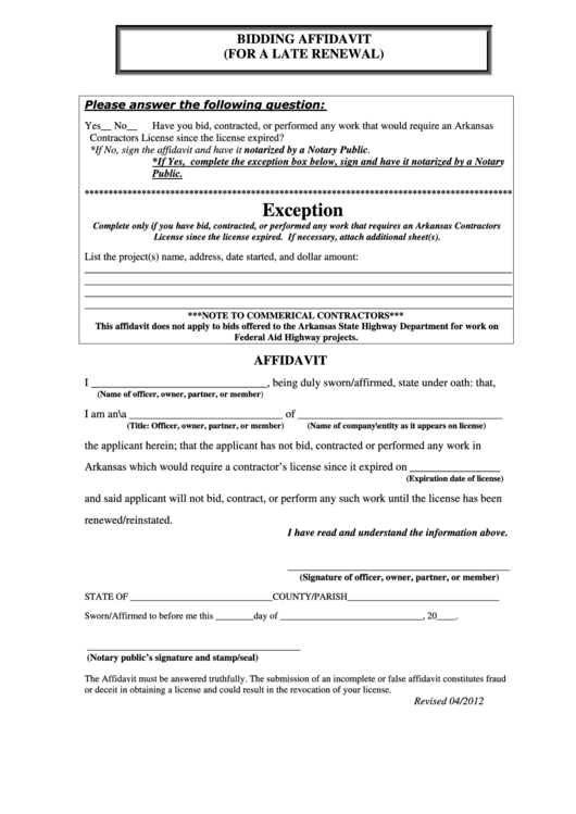Bidding Affidavit Form (For A Late Renewal) - Exception Printable pdf