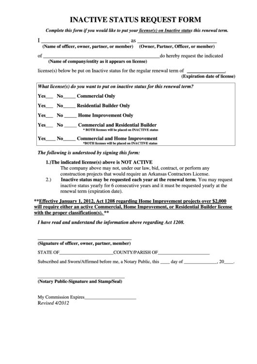 Inactive Status Request Form Printable pdf
