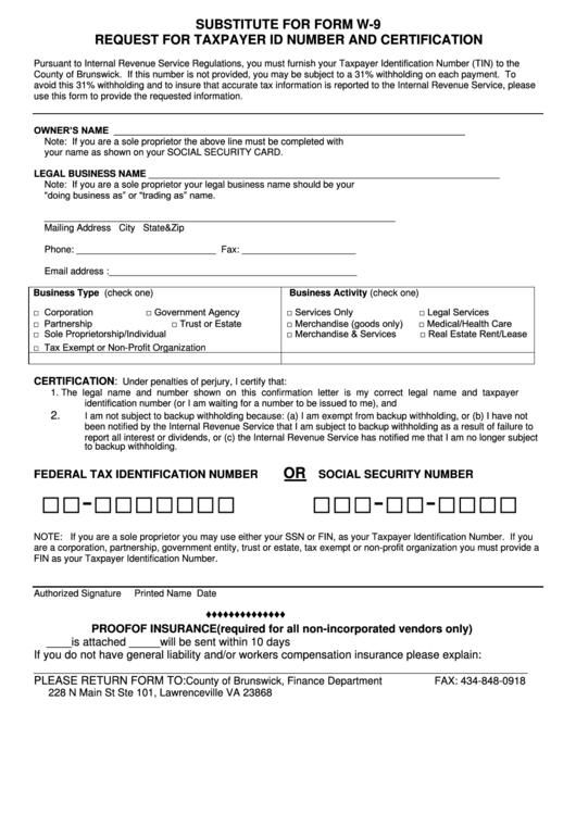 Substitute For Form W-9 - Request For Taxpayer Id Number And Certification Printable pdf