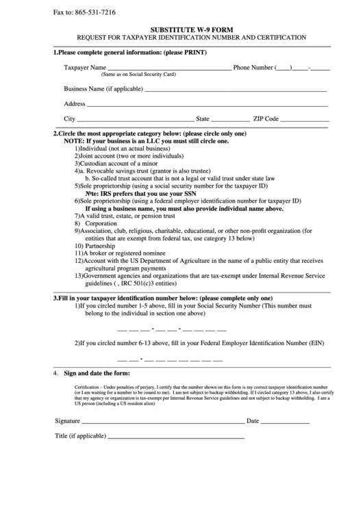 Substitute W-9 Form - Request For Taxpayer Identification Number And Certification Printable pdf