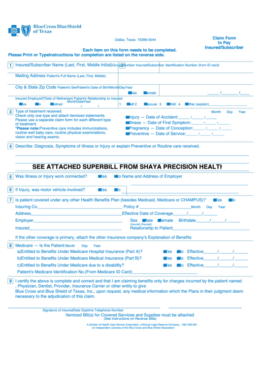 Claim Form To Pay Insured/subscriber 2001 Printable pdf
