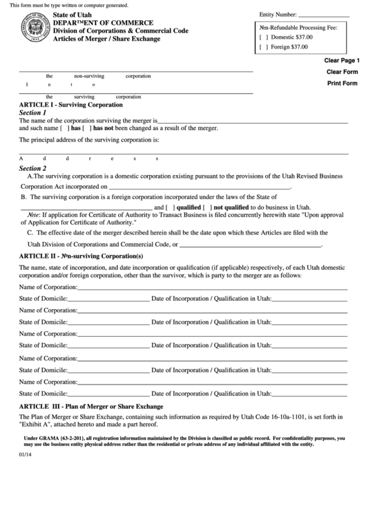 Fillable Articles Of Merger / Share Exchange Form - Utah Department Of Commerce - 2014 Printable pdf