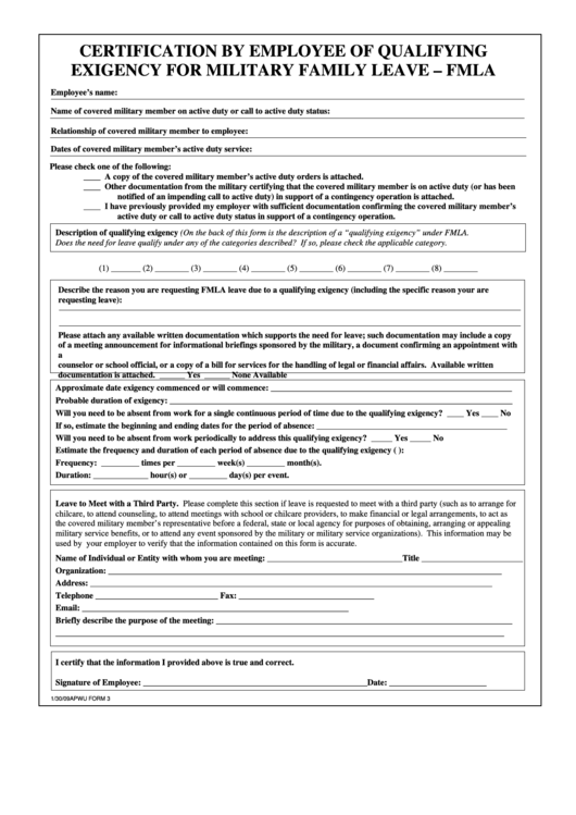 Certification By Employee Of Qualifying Exigency For Military Family Leave - Fmla Printable pdf