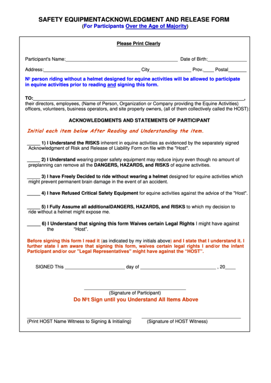 Fillable Safety Equipment Acknowledgment And Release Form Printable pdf