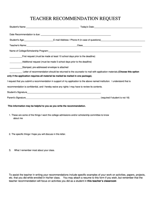 Teacher Recommendation Request Form Printable pdf