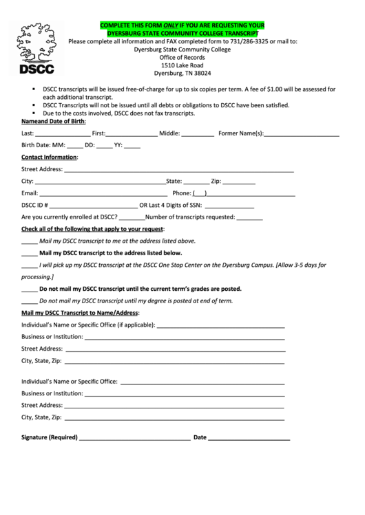 Request A Transcript Form - Dyersburg State Community College Printable pdf