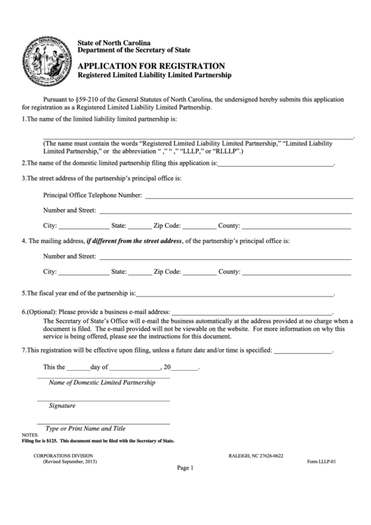 Fillable Form Lllp-01 - Application For Registration Registered Limited Liability Limited Partnership Printable pdf