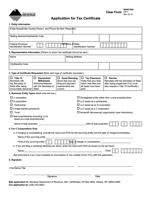 Fillable Form Cr-T- Application For Tax Certificate Form - 2016 Printable pdf