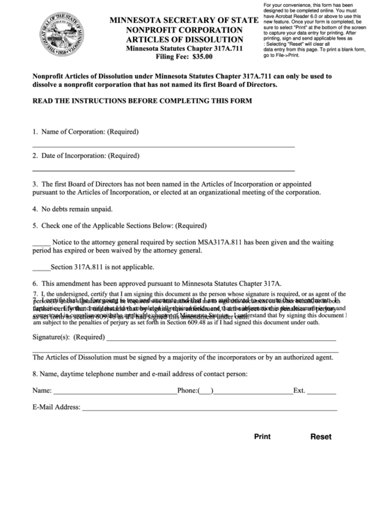 Fillable Nonprofit Corporation Articles Of Dissolution Form - Minnesota Secretary Of State Printable pdf