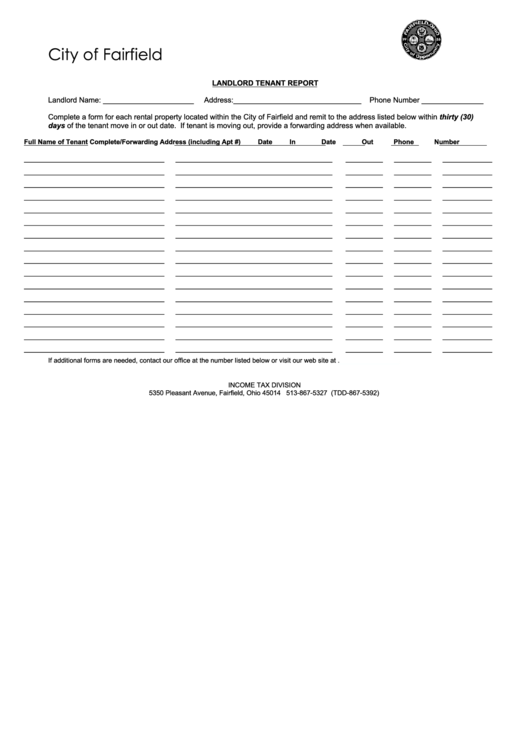 Fillable Landlord Tenant Report Form - City Of Fairfield Printable pdf