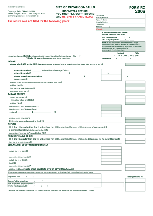 Form Rc - Income Tax Return - City Of Cuyahoga Falls - 2006 Printable pdf
