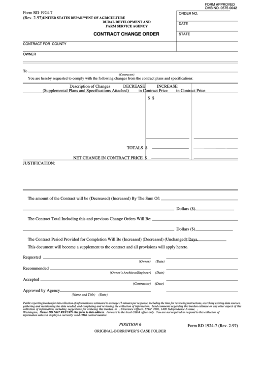 Fillable Form Rd 1924-7 - Contract Change Order Printable pdf