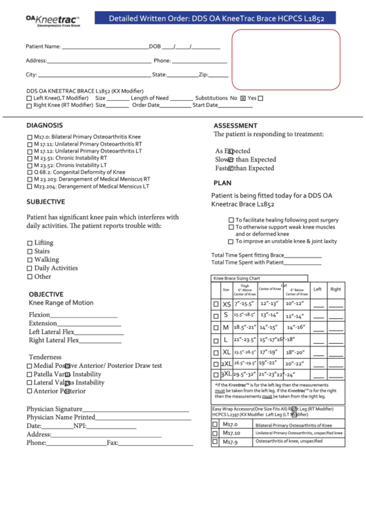 Detailed Written Order Form: Dds Oa Kneetrac Brace Hcpcs L1852 Printable pdf