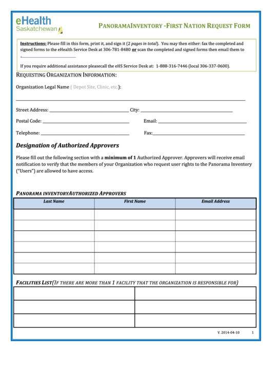 Fillable Panorama Inventory - First Nation Request Form Printable pdf
