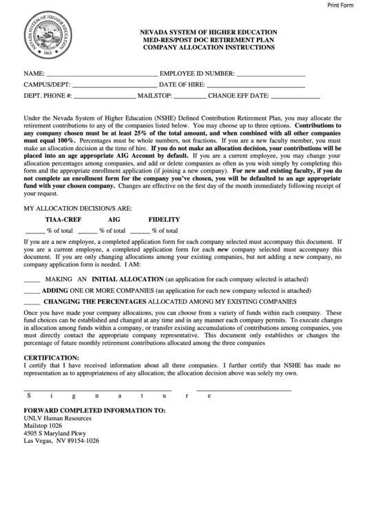 Nevada System Of Higher Education Med-Res/post Doc Retirement Plan Company Allocation Instructions Form Printable pdf