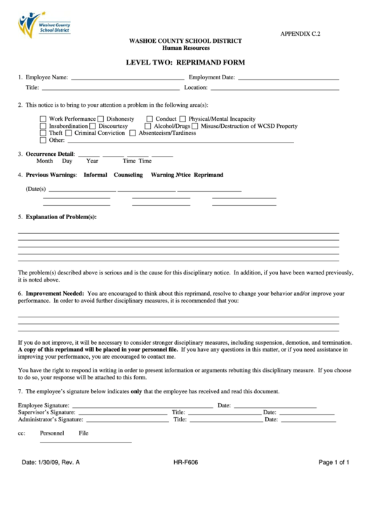Fillable Reprimand Form - Washoe County School District Human Resources Printable pdf