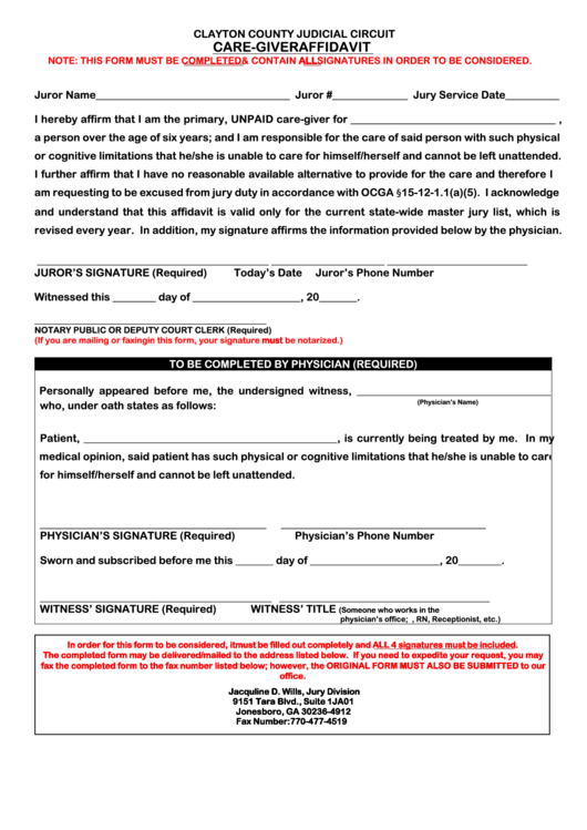 Fillable Care-Giver Affidavit Form - Clayton County Judicial Circuit Printable pdf