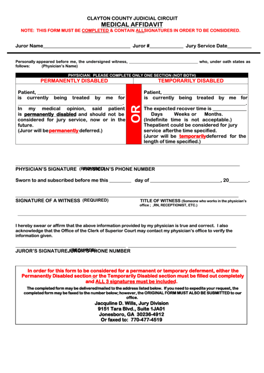 Fillable Medical Affidavit Form - Clayton County Judicial Circuit Printable pdf