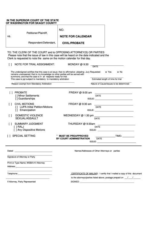 Note For Calendar Civil/probate Template - Superior Court Of The State Of Washington For Skagit County Printable pdf