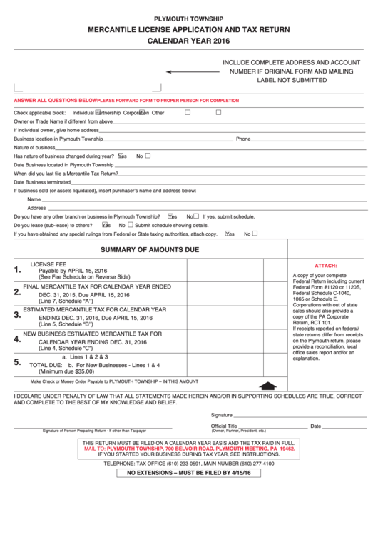 Mercantile License Application And Tax Return - Plymouth Township - 2016 Printable pdf