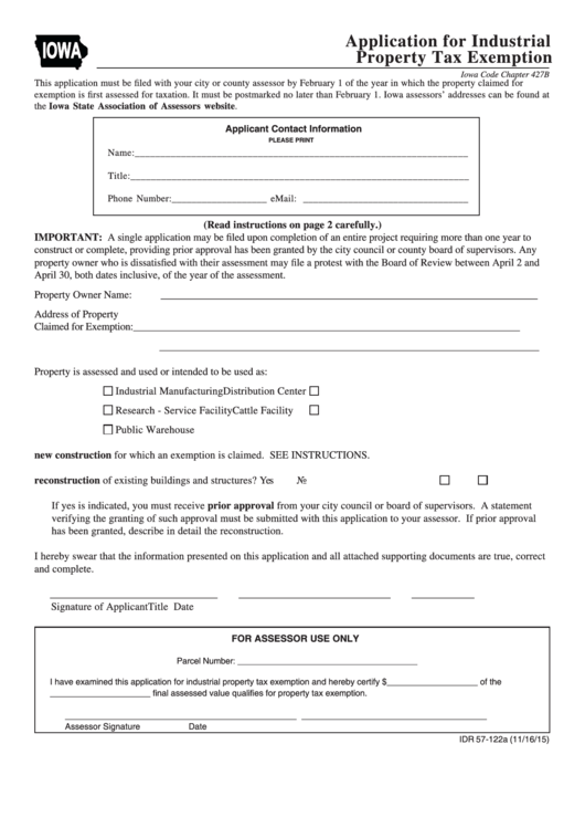 Form Idr 57-122a - Application For Industrial Property Tax Exemption Printable pdf