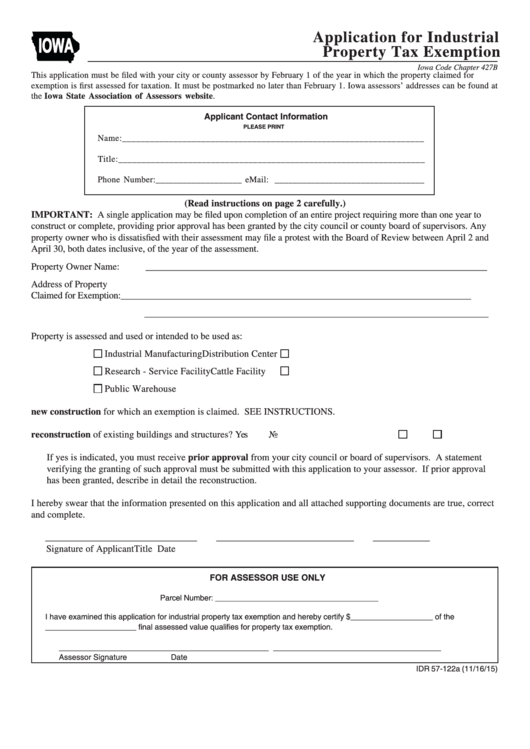 Form Idr 57-122a - Application For Industrial Property Tax Exemption