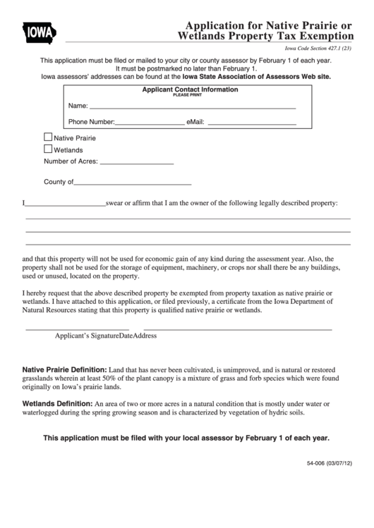 Form 54-006 - Application For Native Prairie Or Wetlands Property Tax Exemption Printable pdf